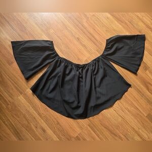 Black Strapless Off Shoulder Ruffle Hem Blouse With Flared Sleeves